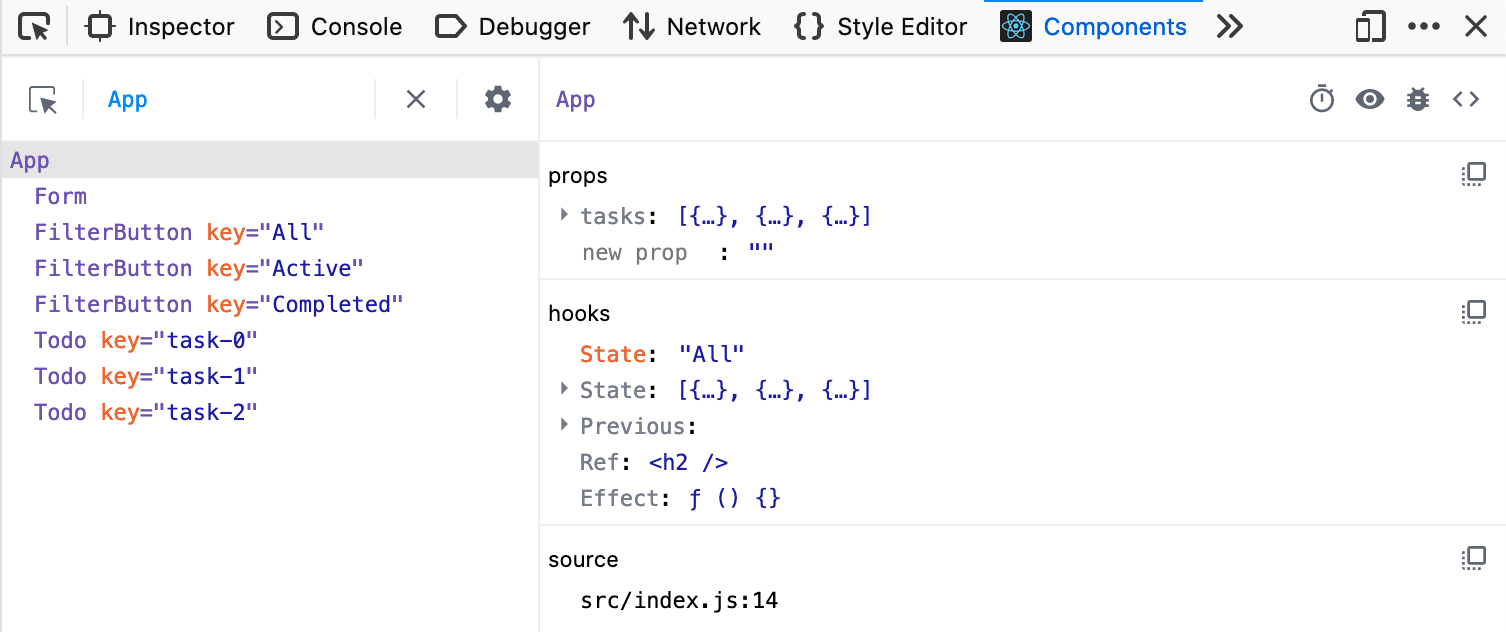 Unser Projekt, das in den React DevTools angezeigt wird