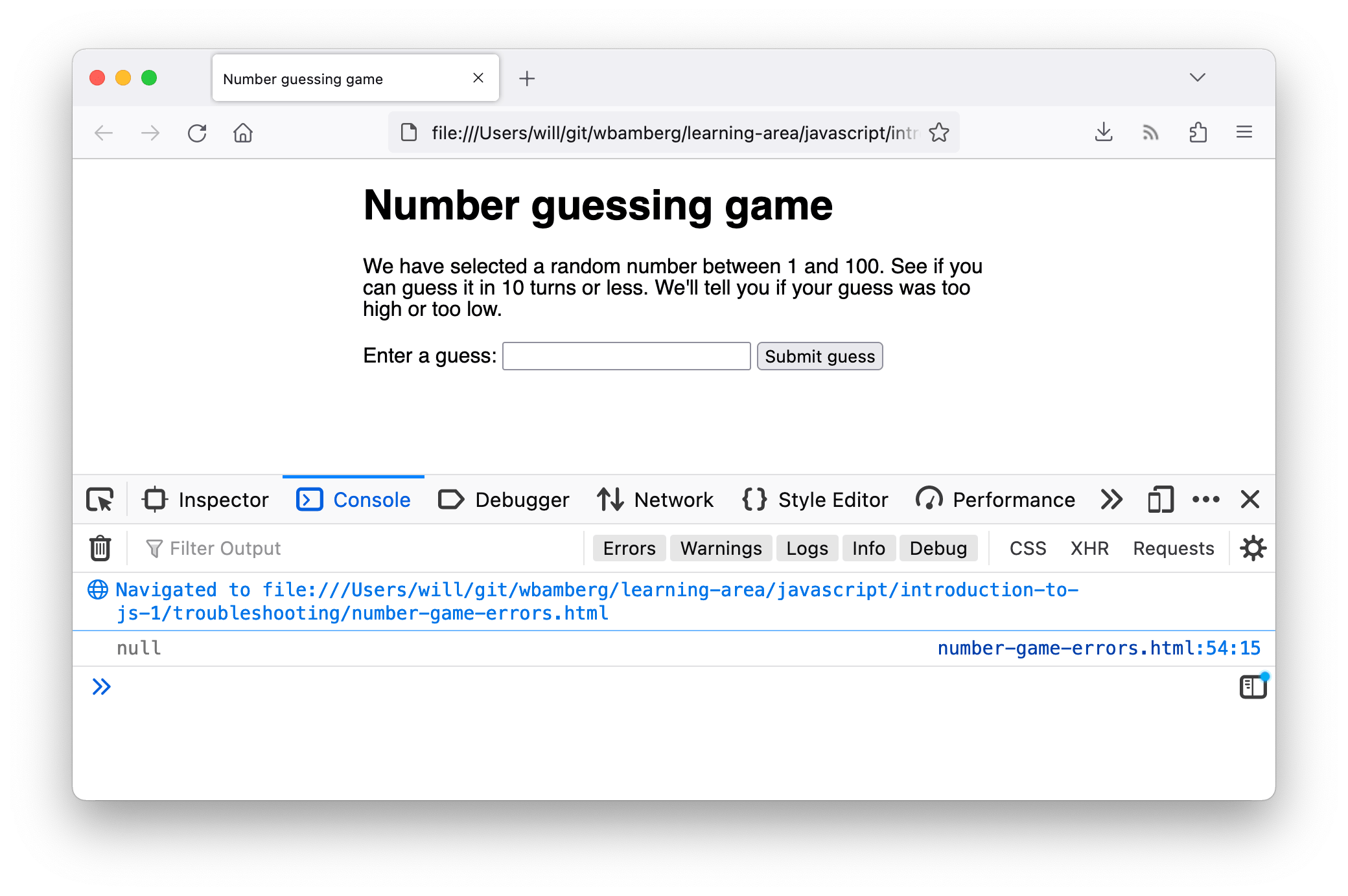 Screenshot der gleichen Demo. Eine Protokollanweisung ist in der Konsole sichtbar, die einfach "null" liest.