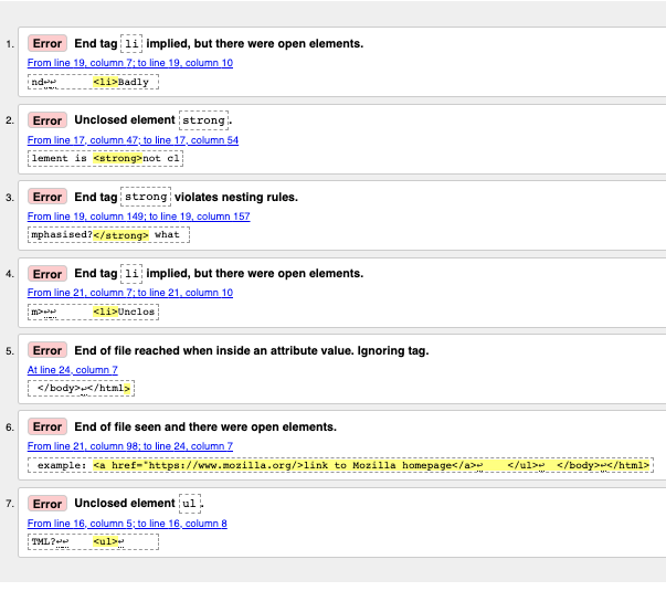 Eine Liste von HTML-Validierungsergebnissen vom W3C-Markup-Validierungsdienst