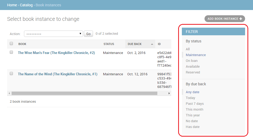 Admin-Seite - BuchInstanz Listenfilter