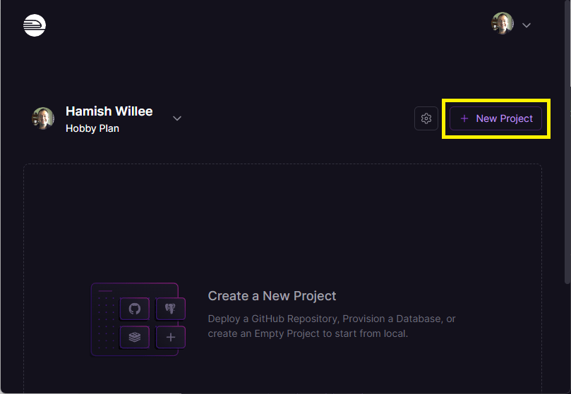 Railway-Website-Dashboard mit neuer Projektschaltfläche