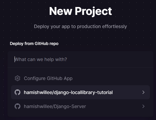 Railway-Website-Bildschirm zeigt einen Dialog zur Auswahl eines bestehenden GitHub-Repositorys oder zur Auswahl eines neuen