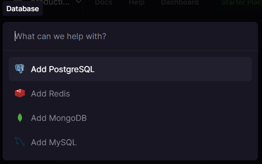 Railway Projekt - wählen Sie Postgres als neuen Dienst aus