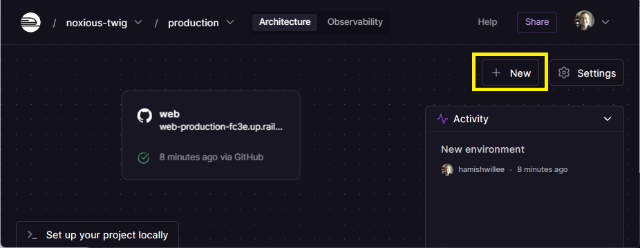 Railway Projekt mit hervorgehobener neuer Diensttaste