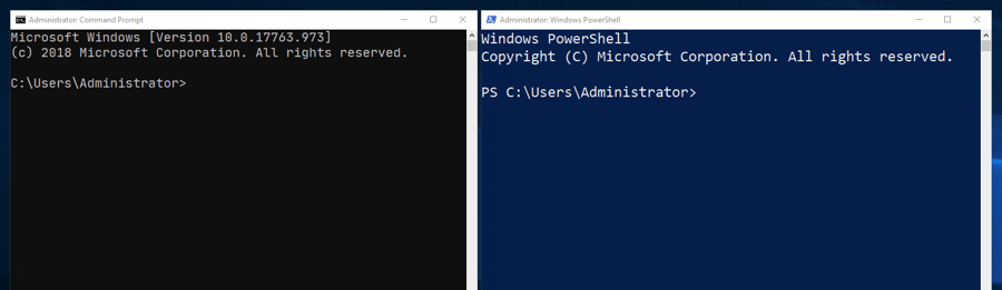 Ein einfaches Windows cmd-Fenster und ein Windows Powershell-Fenster