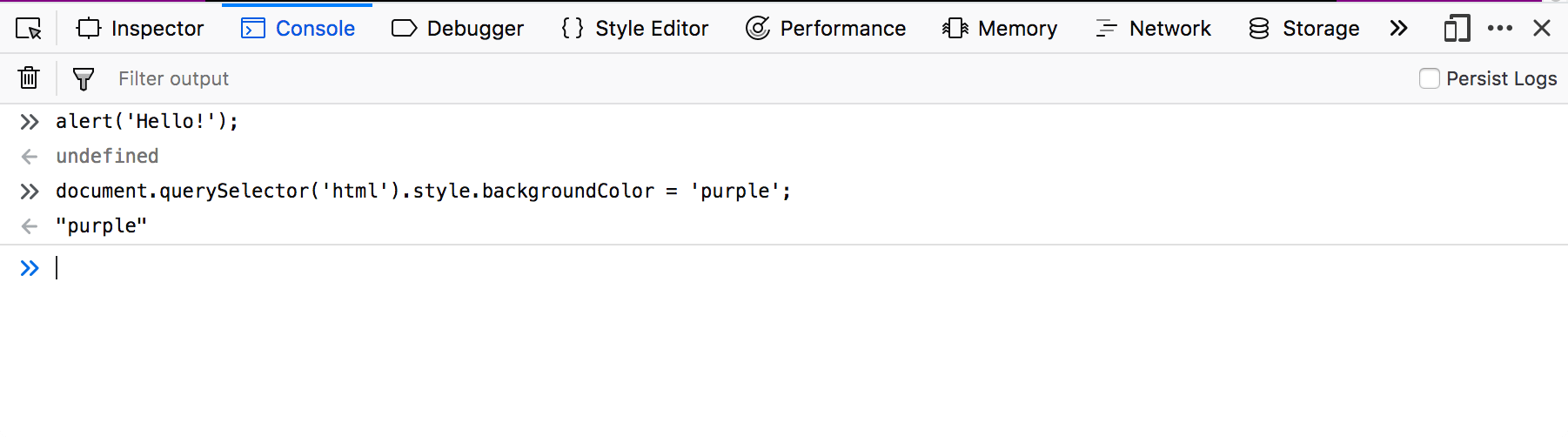 Der Konsole-Tab der Browser-Entwicklertools. Zwei JavaScript-Funktionen wurden in der Konsole ausgeführt. Der Benutzer hat Funktionen eingegeben, und die Konsole zeigte die Rückgabewerte an.