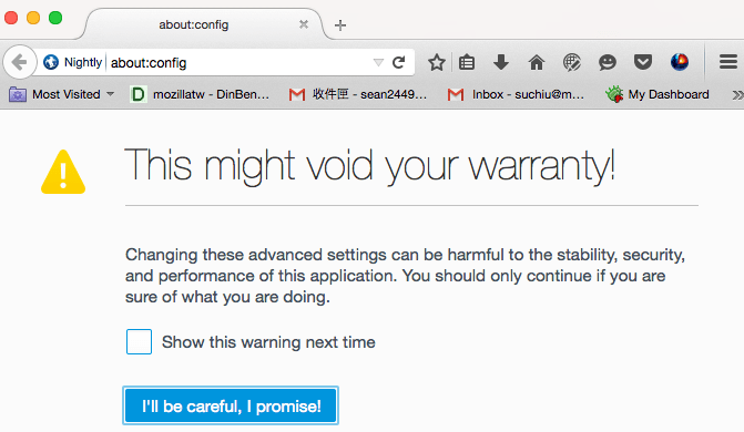 Warnbildschirm, dass das Ändern von Einstellungen riskant sein kann, mit einer Schaltfläche zum Akzeptieren von Risiken.