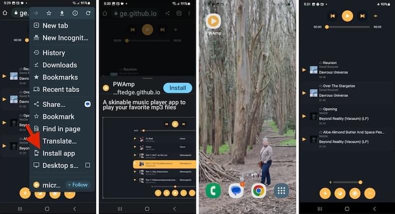 PWA-Installation auf Chrome für Android, mit Bestätigung, Startbildschirmsymbol und Offline-Erfahrung.