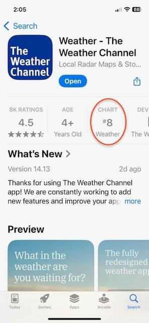 Weather-App-Übersicht im Apple App Store. CHART-Feld ist rot umkreist, um die Kategorie Weather zu zeigen