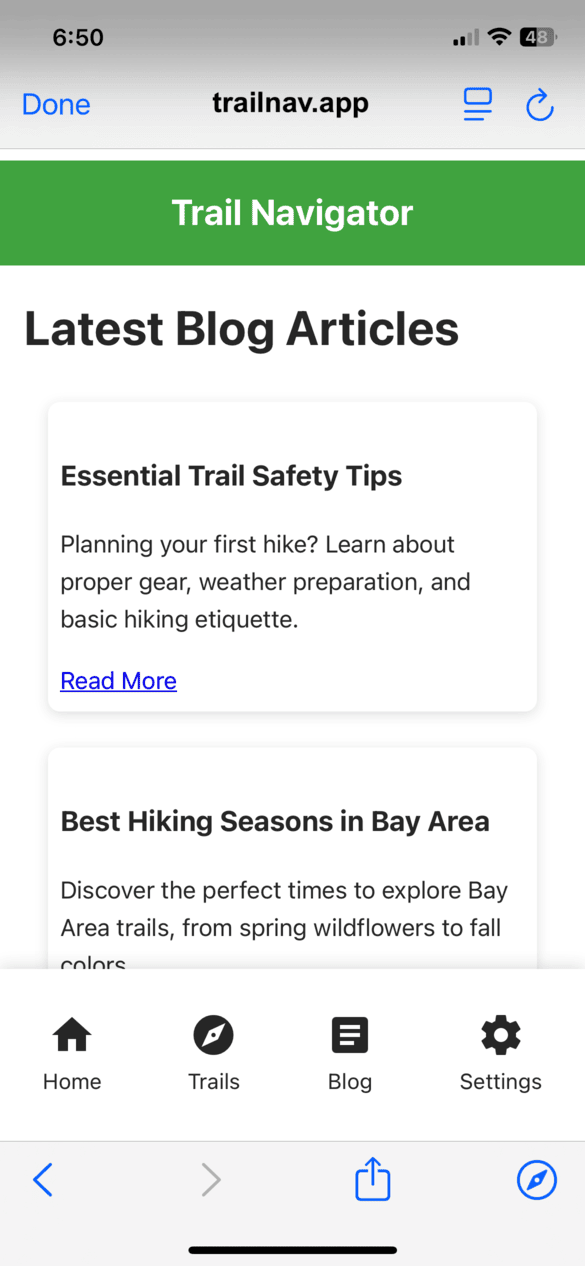 Blog-Seite, die Webseitenadresse und Browsersteuerelemente zeigt, während die app-ähnliche Oberfläche beibehalten wird