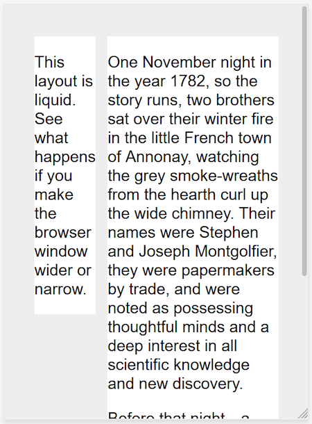 Un diseño de página con dos columnas encogidas en una ventana gráfica del tamaño de un teléfono móvil.