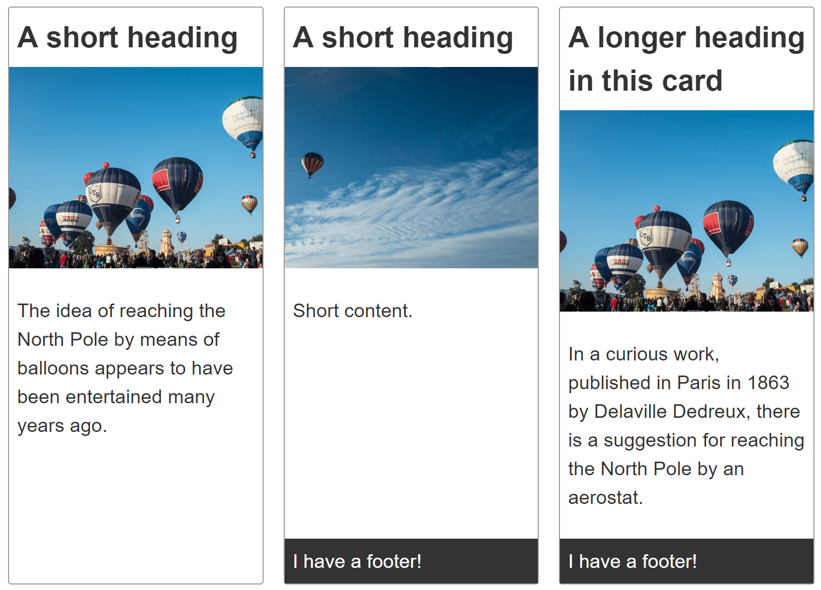 Trois composants de type carte alignés
