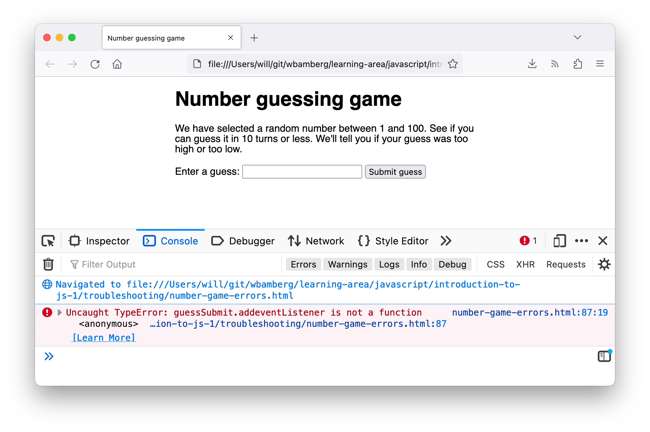 Firefox による「数字当てゲーム」のデモページ。 JavaScript コンソールでエラーが 1 つ表示されています。 "X TypeError: guessSubmit.addeventListener is not a function [Learn More] (number-game-errors.html:87:19)" です。