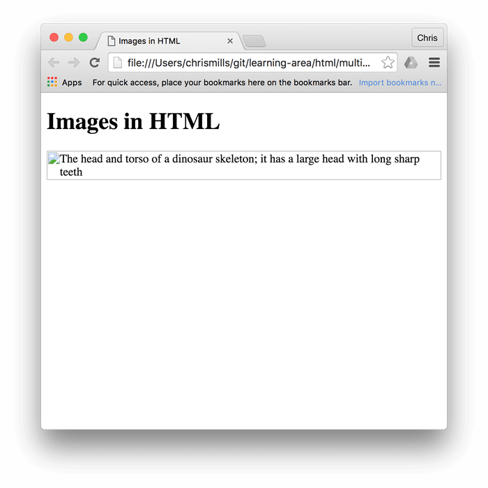 标题为“Images in HTML”,但是这次恐龙图片没有显示,在它原有的位置只有 alt 文本。