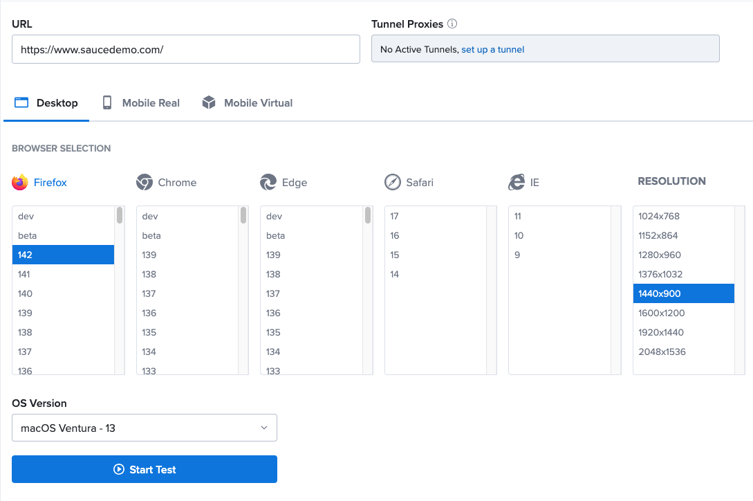 选择 Sauce 手动会话