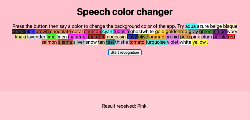 一款名为“Speech color changer”的应用的用户界面。它邀请用户点击屏幕并说出一种颜色,然后它将应用的背景变成该颜色。在本例中,它将背景变成了红色。